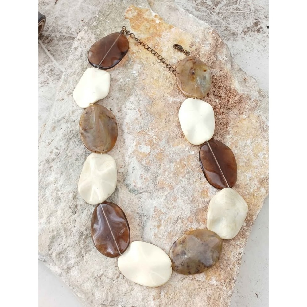 VintageNecklace Brown Cream Large Marbled Acrylic Chunky Statement 17"